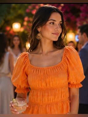🏆 Joy Joy Orange Smocked Puff Sleeve Resort Top | Coastal Luxe Vacation Chic